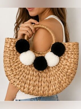 Event Blossom Straw Pom Pom Natural Woven Tote Handbag